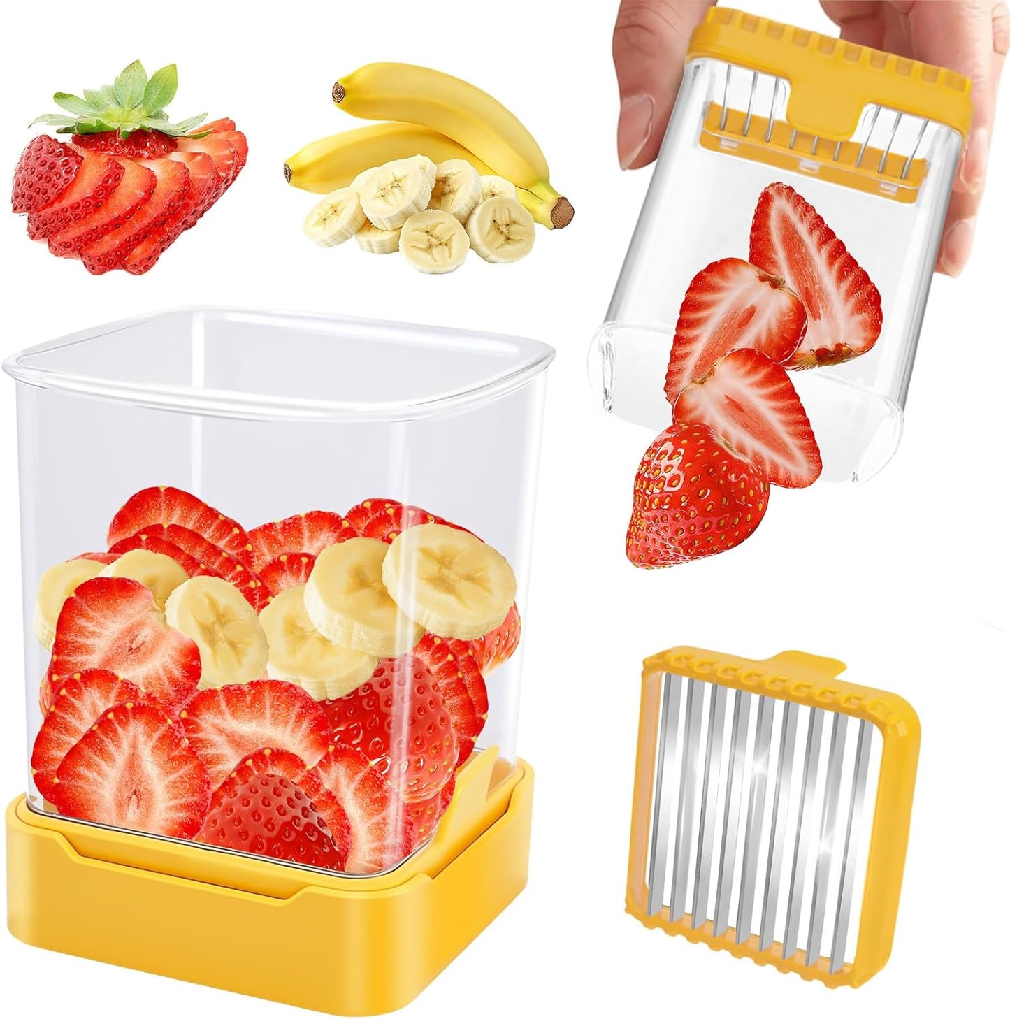Fruit Slicer Cup for Strawberry, Banana, Hard-Boiled Egg - Detachable Cutter with Push Plate - Rapid & Safe Slicing Kitchen Gadget for Quick Meal Prep (Yellow)