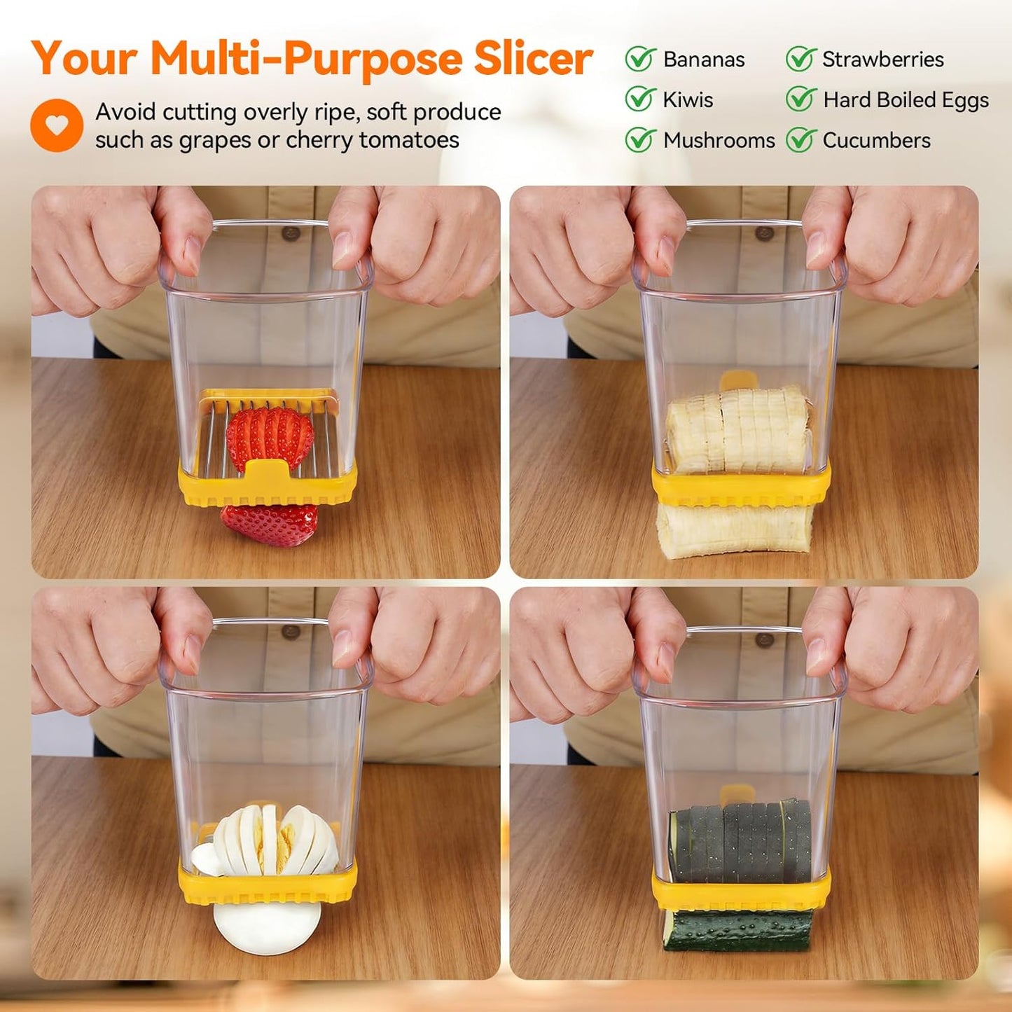 Fruit Slicer Cup for Strawberry, Banana, Hard-Boiled Egg - Detachable Cutter with Push Plate - Rapid & Safe Slicing Kitchen Gadget for Quick Meal Prep (Yellow)