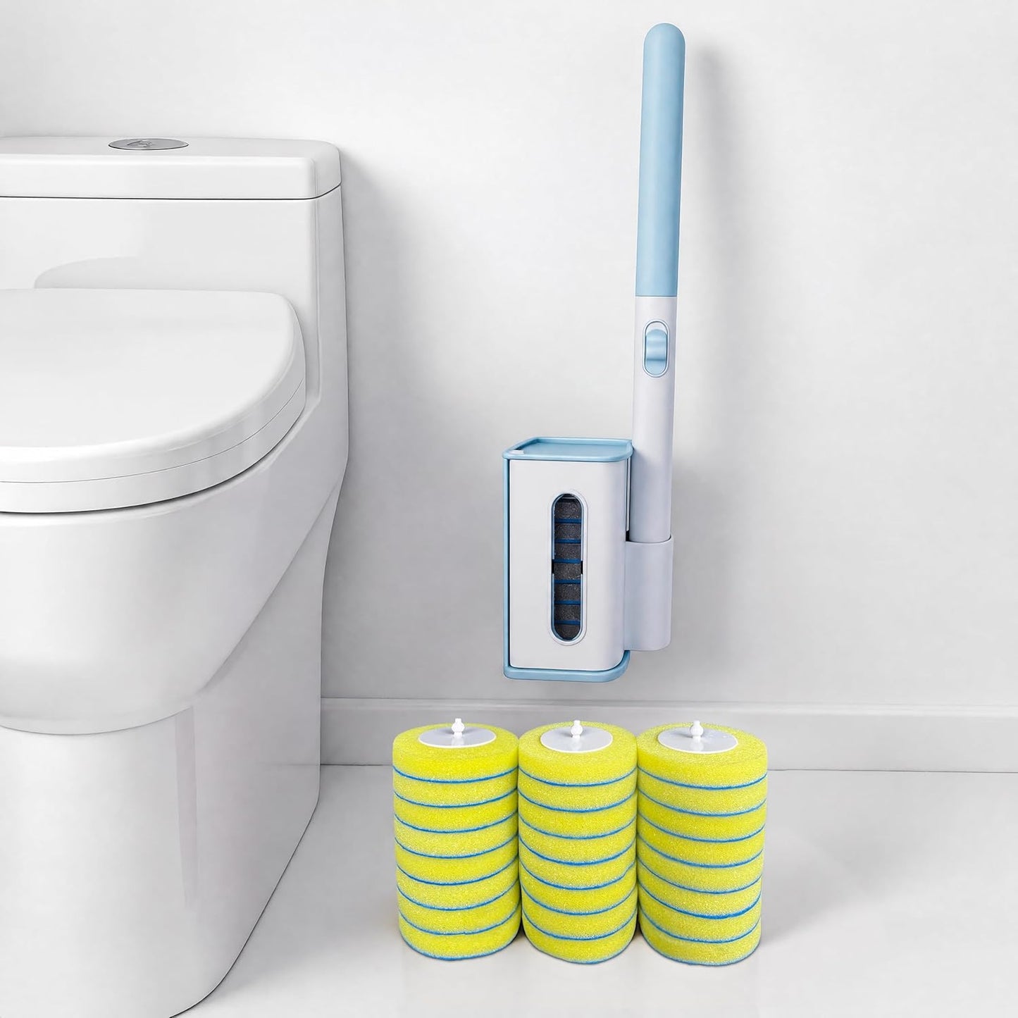 Disposable Toilet Brush, Wall Mount Toilet Cleaner, Toilet Wand Refills | Hands Free Toilet Brush, 1 Wand + 1 Holder + 24 Yellow Refills, Bathroom Cleaning for Small Bathroom RV, Light Lemon Scent