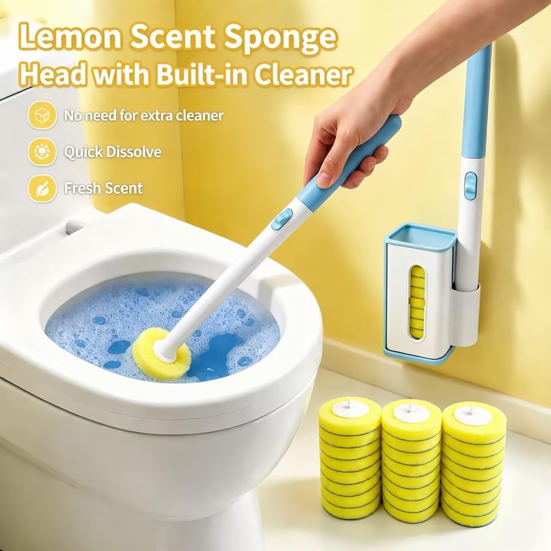 Disposable Toilet Brush, Wall Mount Toilet Cleaner, Toilet Wand Refills | Hands Free Toilet Brush, 1 Wand + 1 Holder + 24 Yellow Refills, Bathroom Cleaning for Small Bathroom RV, Light Lemon Scent