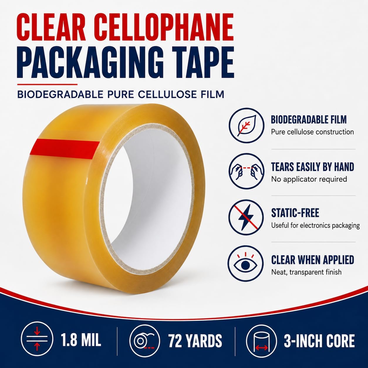 Clear Cellophane Packaging Tape, 3/4 Inch x 72 Yds, Pack of 3 | Biodegradable Cellulose Film; Hand-Tearable and Static-Free; Clear When Applied; For Everyday, Gifts, Paper and Crafts