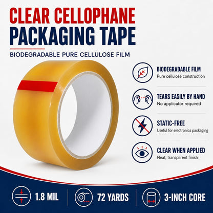 Clear Cellophane Packaging Tape, 3/4 Inch x 72 Yds, Pack of 3 | Biodegradable Cellulose Film; Hand-Tearable and Static-Free; Clear When Applied; For Everyday, Gifts, Paper and Crafts