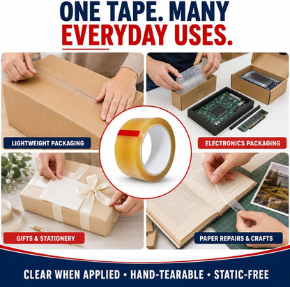 Clear Cellophane Packaging Tape, 3/4 Inch x 72 Yds, Pack of 3 | Biodegradable Cellulose Film; Hand-Tearable and Static-Free; Clear When Applied; For Everyday, Gifts, Paper and Crafts