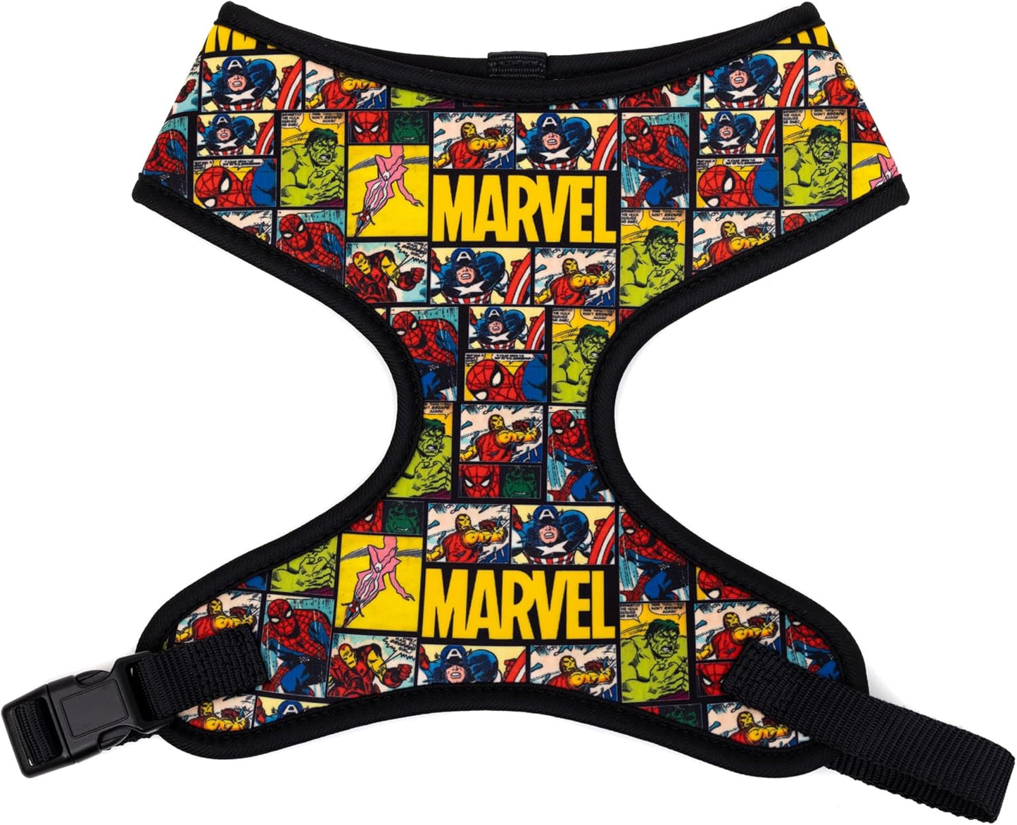 Marvel Comics Pet Harness, Dog Collar Plastic Buckle, Marvel Brick and Retro Comic Panels Blocks Black Yellow