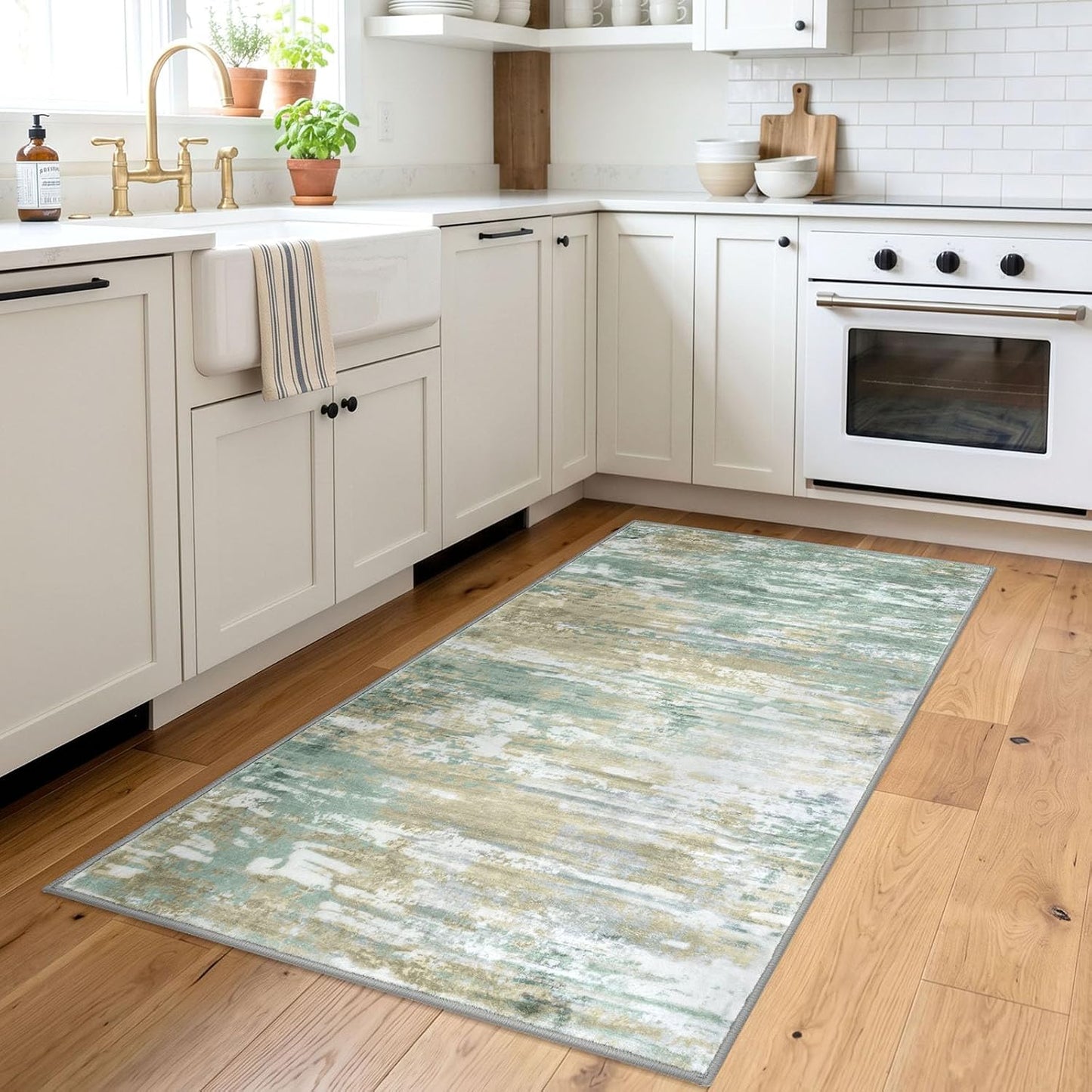 Modern Abstract 3x5 Large Entryway Rug Non-Slip Washable Area Rug, Light Green Yellow Throw Rugs Indoor Mat for High-Traffic Door Entrance, Kitchen, Laundry, Nursery, Soft Bedroom Living Room