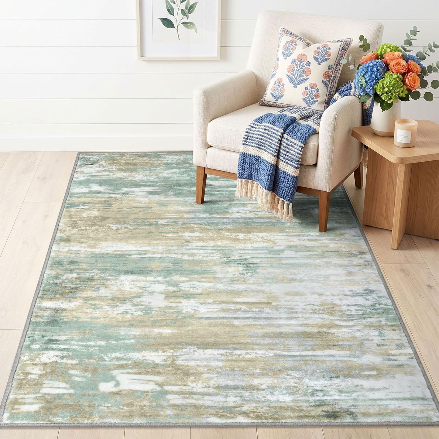 Modern Abstract 3x5 Large Entryway Rug Non-Slip Washable Area Rug, Light Green Yellow Throw Rugs Indoor Mat for High-Traffic Door Entrance, Kitchen, Laundry, Nursery, Soft Bedroom Living Room