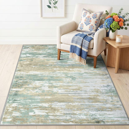 Modern Abstract 3x5 Large Entryway Rug Non-Slip Washable Area Rug, Light Green Yellow Throw Rugs Indoor Mat for High-Traffic Door Entrance, Kitchen, Laundry, Nursery, Soft Bedroom Living Room