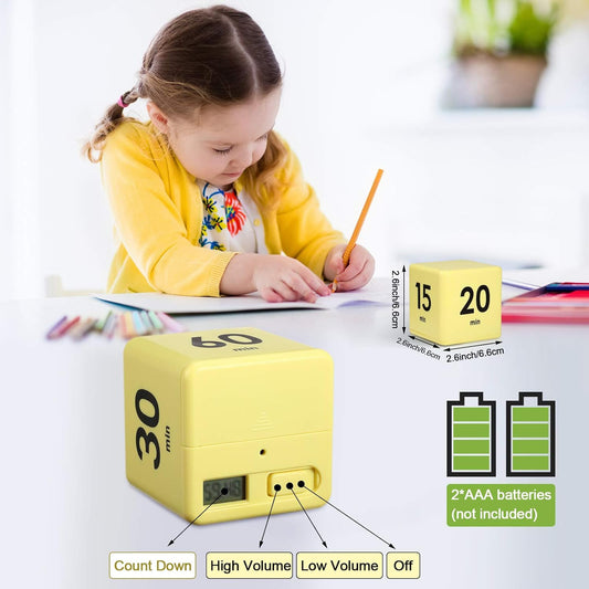 Cube Timer, Gravity Sensor Flip Timer for ADHD Productivity, Classroom Kitchen Study Workout Cooking Desk Timers for Time Management, 15 20 30 60 Minutes Countdown Tool(Yellow)