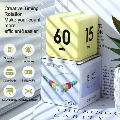 Cube Timer, Gravity Sensor Flip Timer for ADHD Productivity, Classroom Kitchen Study Workout Cooking Desk Timers for Time Management, 15 20 30 60 Minutes Countdown Tool(Yellow)