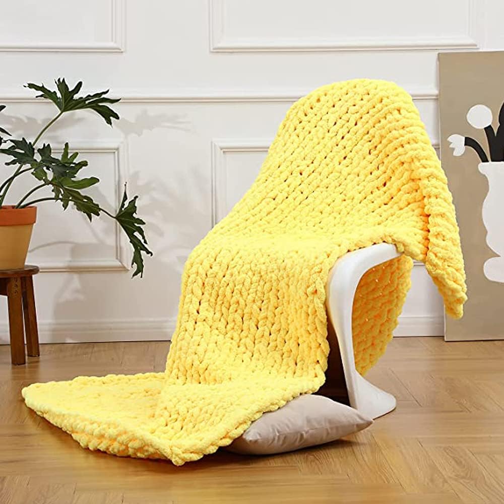 Chunky Knit Throw Giant Chenille Yarn Knitted Blanket Large Cable Chenille Arm Knitting Handmade Blankets for Cuddling up in Bed Sofa Home Bedroom Pet Bed Chair Sofa Yoga Mat Rug Yellow