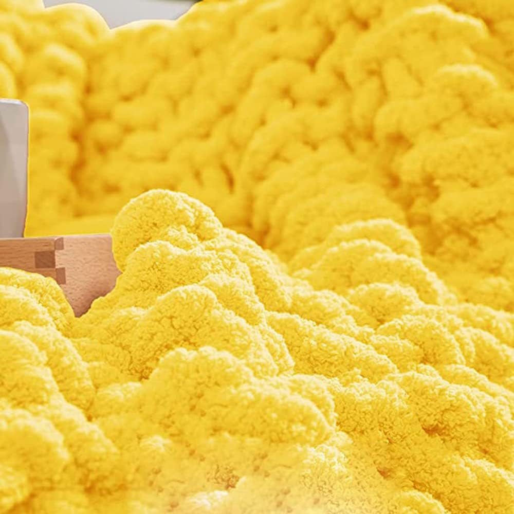 Chunky Knit Throw Giant Chenille Yarn Knitted Blanket Large Cable Chenille Arm Knitting Handmade Blankets for Cuddling up in Bed Sofa Home Bedroom Pet Bed Chair Sofa Yoga Mat Rug Yellow