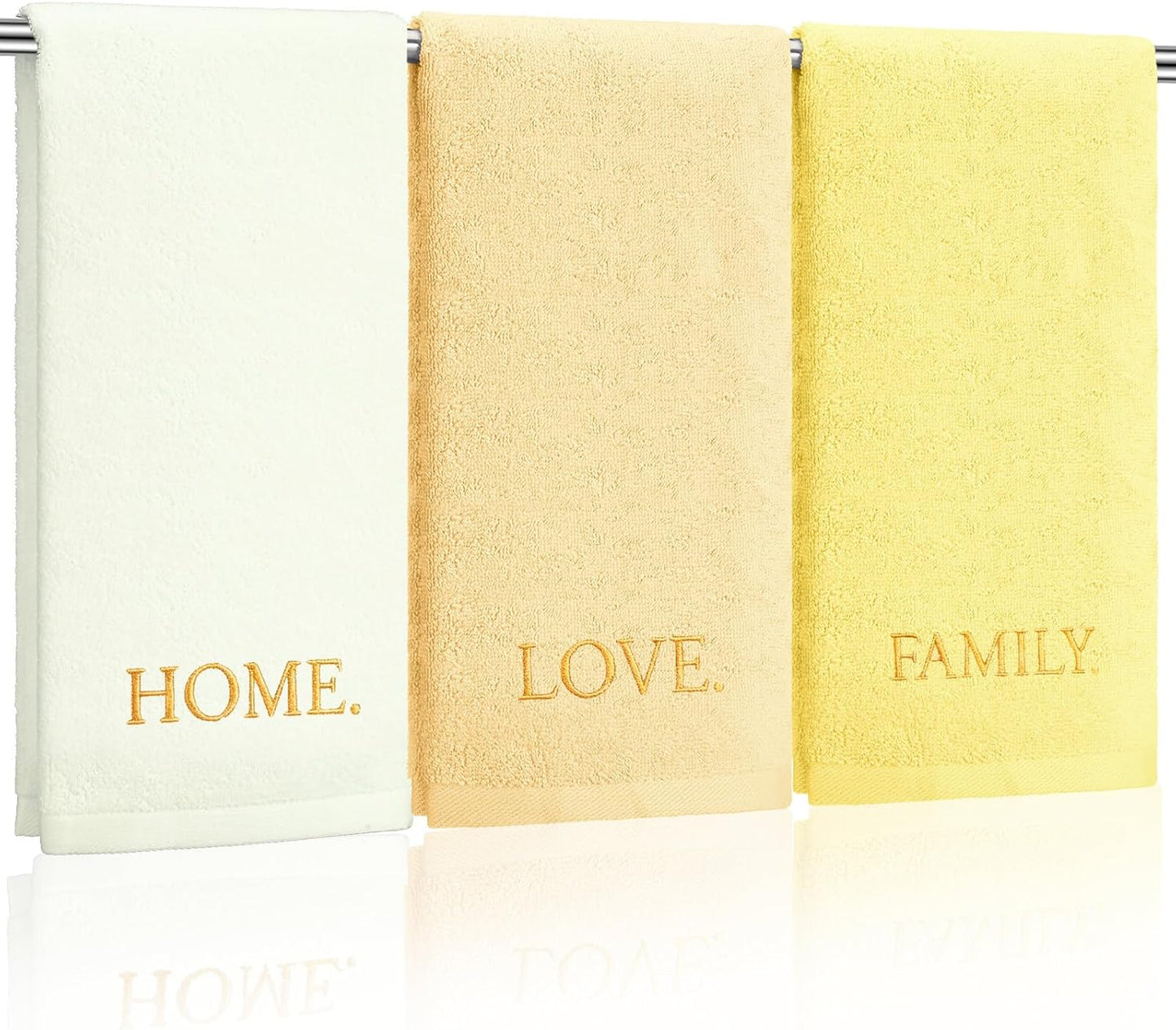 3 Pcs Farmhouse Decorative Hand Towels for Bathroom and Kitchen Rustic Embroidered Cotton Hand Towels Decorative Set for Boho Bathroom Decor(Yellow,Home Love Family)