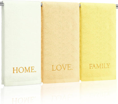 3 Pcs Farmhouse Decorative Hand Towels for Bathroom and Kitchen Rustic Embroidered Cotton Hand Towels Decorative Set for Boho Bathroom Decor(Yellow,Home Love Family)