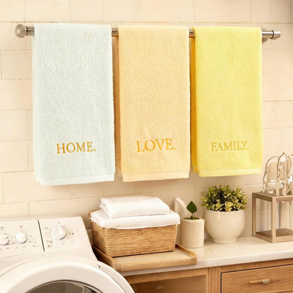 3 Pcs Farmhouse Decorative Hand Towels for Bathroom and Kitchen Rustic Embroidered Cotton Hand Towels Decorative Set for Boho Bathroom Decor(Yellow,Home Love Family)