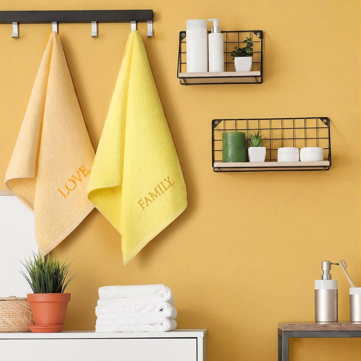3 Pcs Farmhouse Decorative Hand Towels for Bathroom and Kitchen Rustic Embroidered Cotton Hand Towels Decorative Set for Boho Bathroom Decor(Yellow,Home Love Family)
