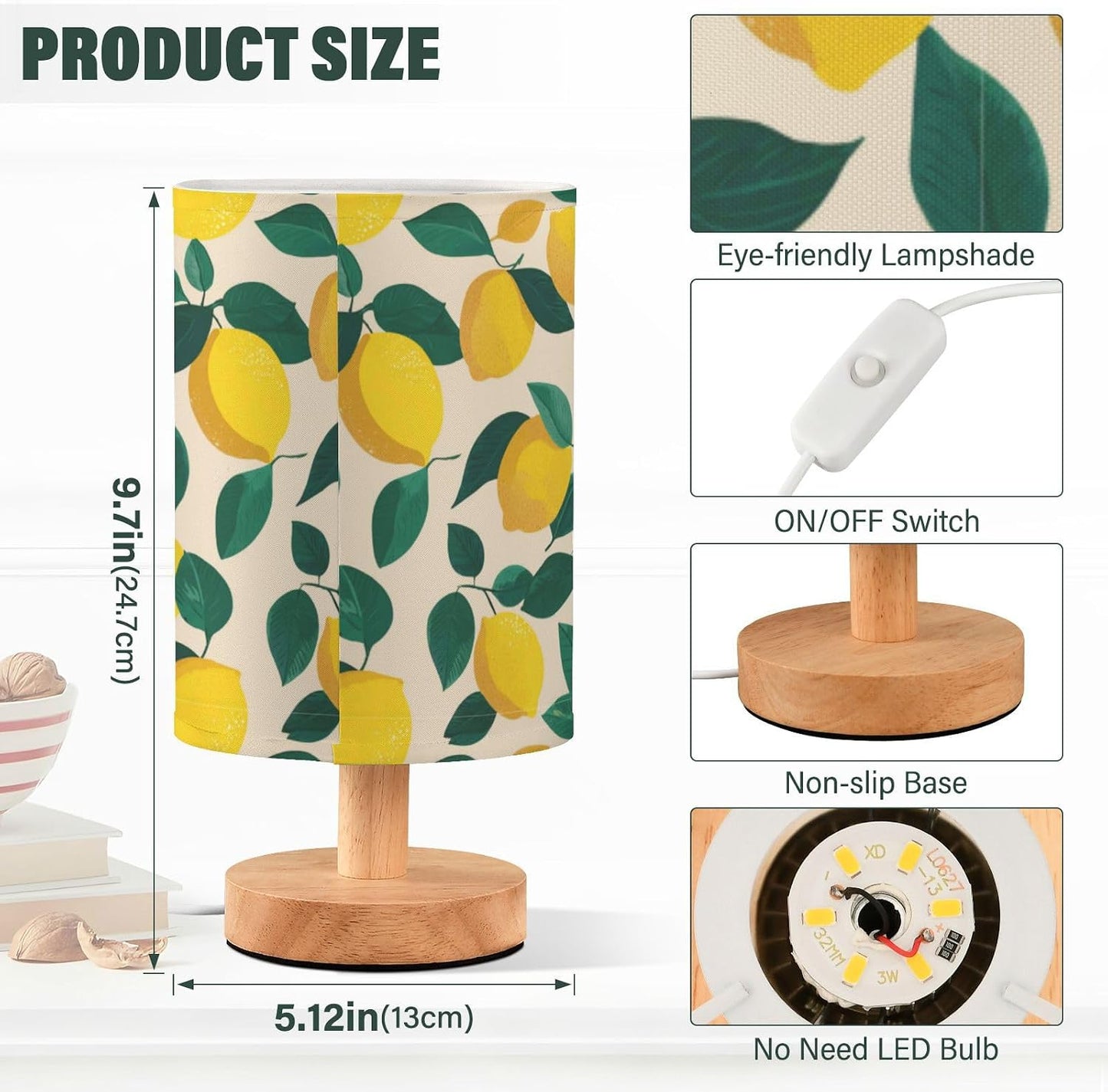 Bedside Table Lamp Lemon Yellow Citrus Fruits (11) Kids Nightstand Lamp Night Light Fabric Shade for Bedroom Living Room Home Office