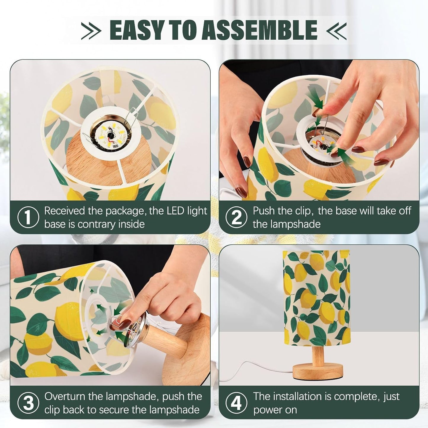 Bedside Table Lamp Lemon Yellow Citrus Fruits (11) Kids Nightstand Lamp Night Light Fabric Shade for Bedroom Living Room Home Office