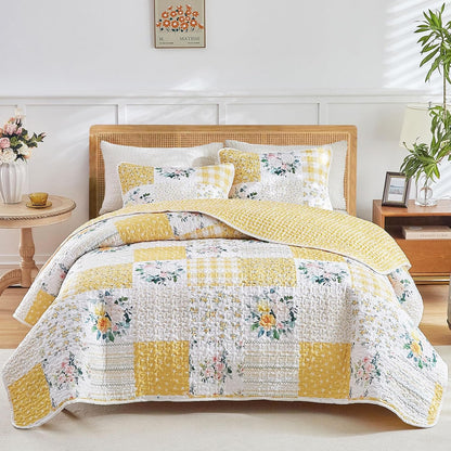 3 Pieces Floral Patchwork Quilt Set Queen, Yellow n White Flowers Design, Soft n Cozy Microfiber Quilt, Bedspread Bed Cover for All Season, 1 Quilt and 2 Pillow Shams- 90x90 inches