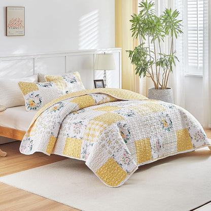 3 Pieces Floral Patchwork Quilt Set Queen, Yellow n White Flowers Design, Soft n Cozy Microfiber Quilt, Bedspread Bed Cover for All Season, 1 Quilt and 2 Pillow Shams- 90x90 inches