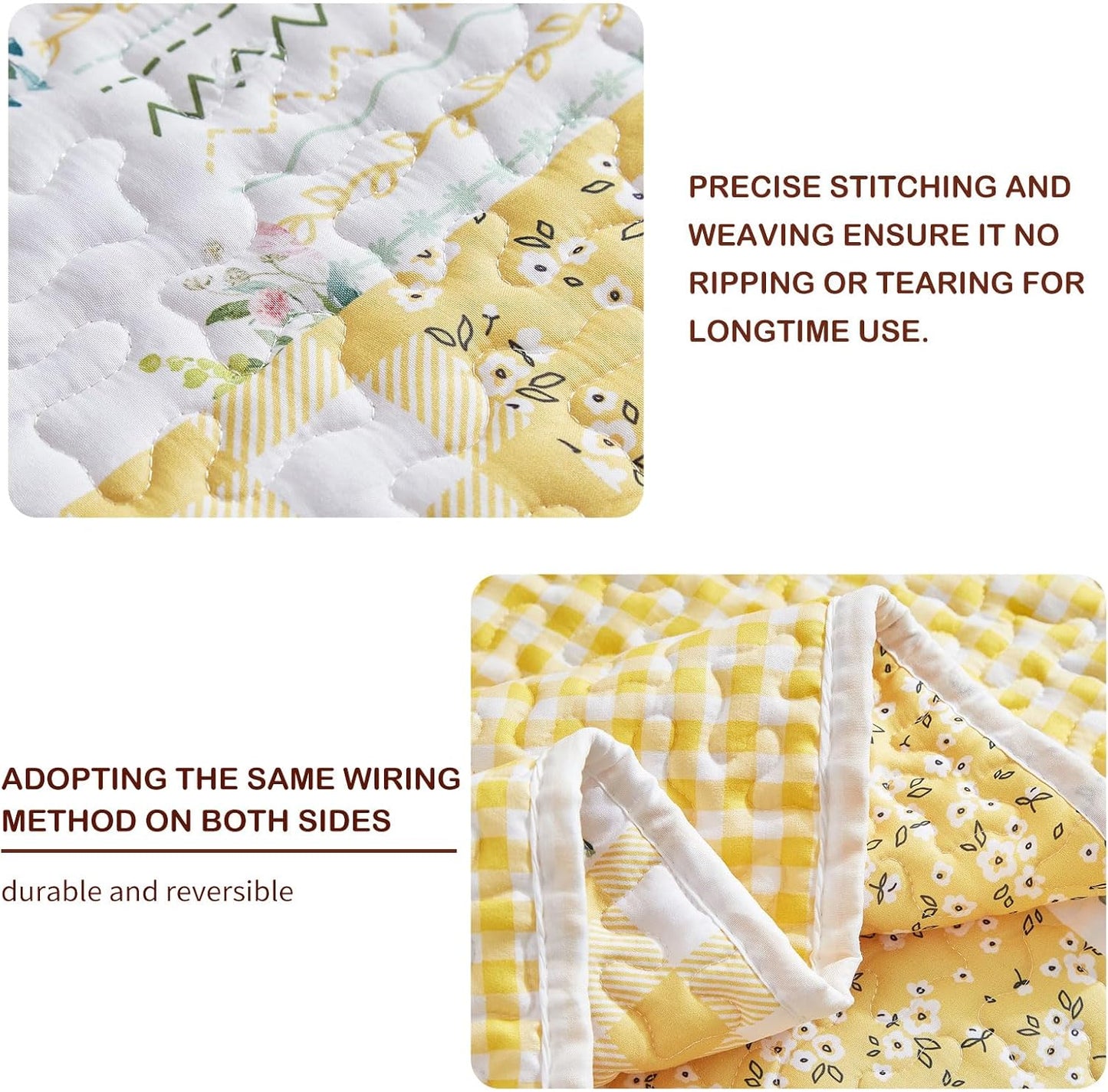 3 Pieces Floral Patchwork Quilt Set Queen, Yellow n White Flowers Design, Soft n Cozy Microfiber Quilt, Bedspread Bed Cover for All Season, 1 Quilt and 2 Pillow Shams- 90x90 inches