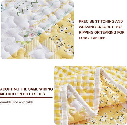 3 Pieces Floral Patchwork Quilt Set Queen, Yellow n White Flowers Design, Soft n Cozy Microfiber Quilt, Bedspread Bed Cover for All Season, 1 Quilt and 2 Pillow Shams- 90x90 inches