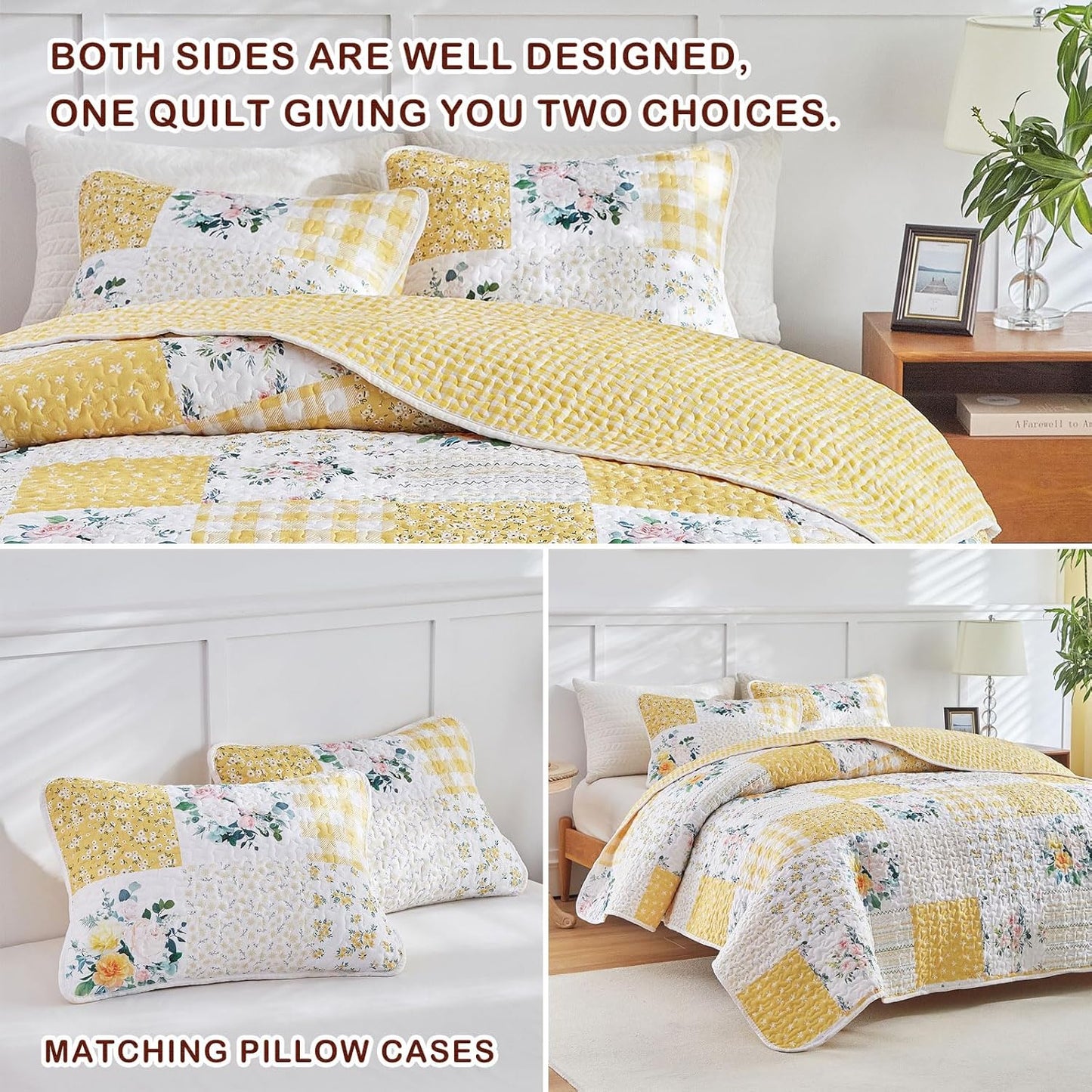 3 Pieces Floral Patchwork Quilt Set Queen, Yellow n White Flowers Design, Soft n Cozy Microfiber Quilt, Bedspread Bed Cover for All Season, 1 Quilt and 2 Pillow Shams- 90x90 inches
