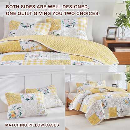 3 Pieces Floral Patchwork Quilt Set Queen, Yellow n White Flowers Design, Soft n Cozy Microfiber Quilt, Bedspread Bed Cover for All Season, 1 Quilt and 2 Pillow Shams- 90x90 inches