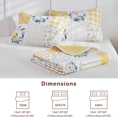 3 Pieces Floral Patchwork Quilt Set Queen, Yellow n White Flowers Design, Soft n Cozy Microfiber Quilt, Bedspread Bed Cover for All Season, 1 Quilt and 2 Pillow Shams- 90x90 inches
