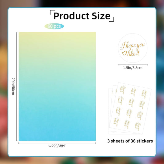 60 Sheets Yellow and Blue Gradient Tissue Paper Bulk with Stickers, Gift Wrapping Tissue Paper for Gift Bags, Crafts, Flowers, Party and Holiday Packaging, 20 x 14 Inches