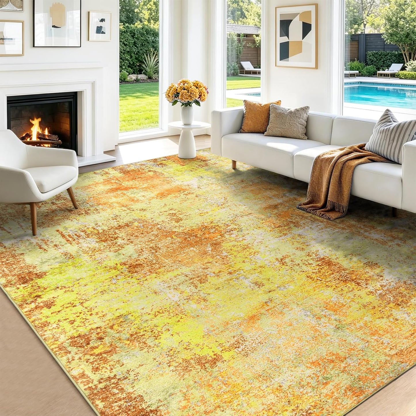 Washable Area Rug Living Room Rugs 8X10 - Neutral Modern Abstract Rugs Soft Carpet with Non Slip Backing for Under Dining Room Table, Bedroom, Home, Office, Yellow Brick