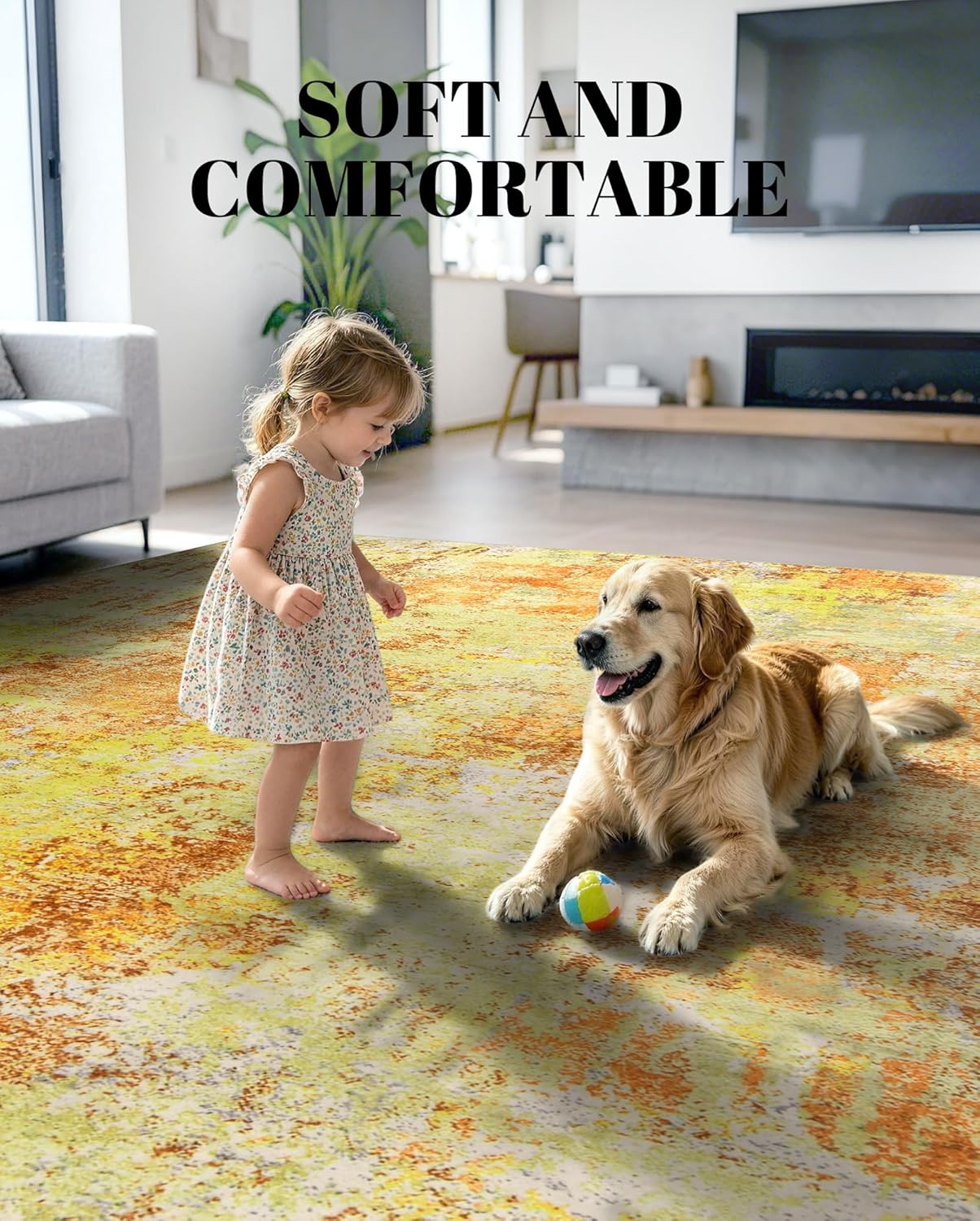 Washable Area Rug Living Room Rugs 8X10 - Neutral Modern Abstract Rugs Soft Carpet with Non Slip Backing for Under Dining Room Table, Bedroom, Home, Office, Yellow Brick