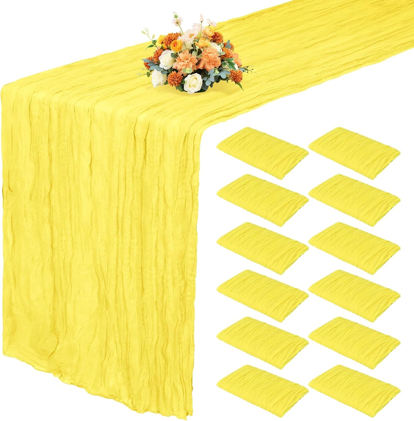 12 Pack 35x70 Inch Cheese Cloth Table Runners Yellow Boho Rustic Wrinkled Gauze Fabric Table Runners Semi-Sheer Runners for Wedding Decor Bridal Shower Party Dinner Christmas