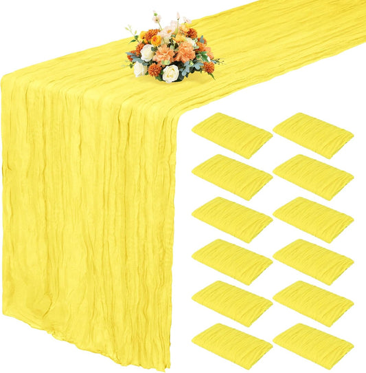 12 Pack 35x70 Inch Cheese Cloth Table Runners Yellow Boho Rustic Wrinkled Gauze Fabric Table Runners Semi-Sheer Runners for Wedding Decor Bridal Shower Party Dinner Christmas
