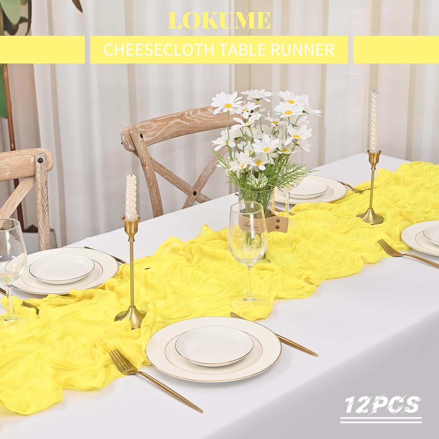 12 Pack 35x70 Inch Cheese Cloth Table Runners Yellow Boho Rustic Wrinkled Gauze Fabric Table Runners Semi-Sheer Runners for Wedding Decor Bridal Shower Party Dinner Christmas