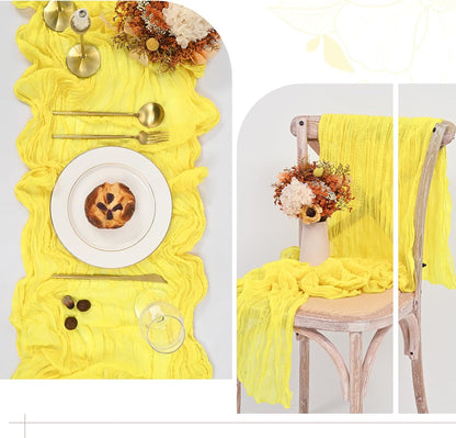 12 Pack 35x70 Inch Cheese Cloth Table Runners Yellow Boho Rustic Wrinkled Gauze Fabric Table Runners Semi-Sheer Runners for Wedding Decor Bridal Shower Party Dinner Christmas