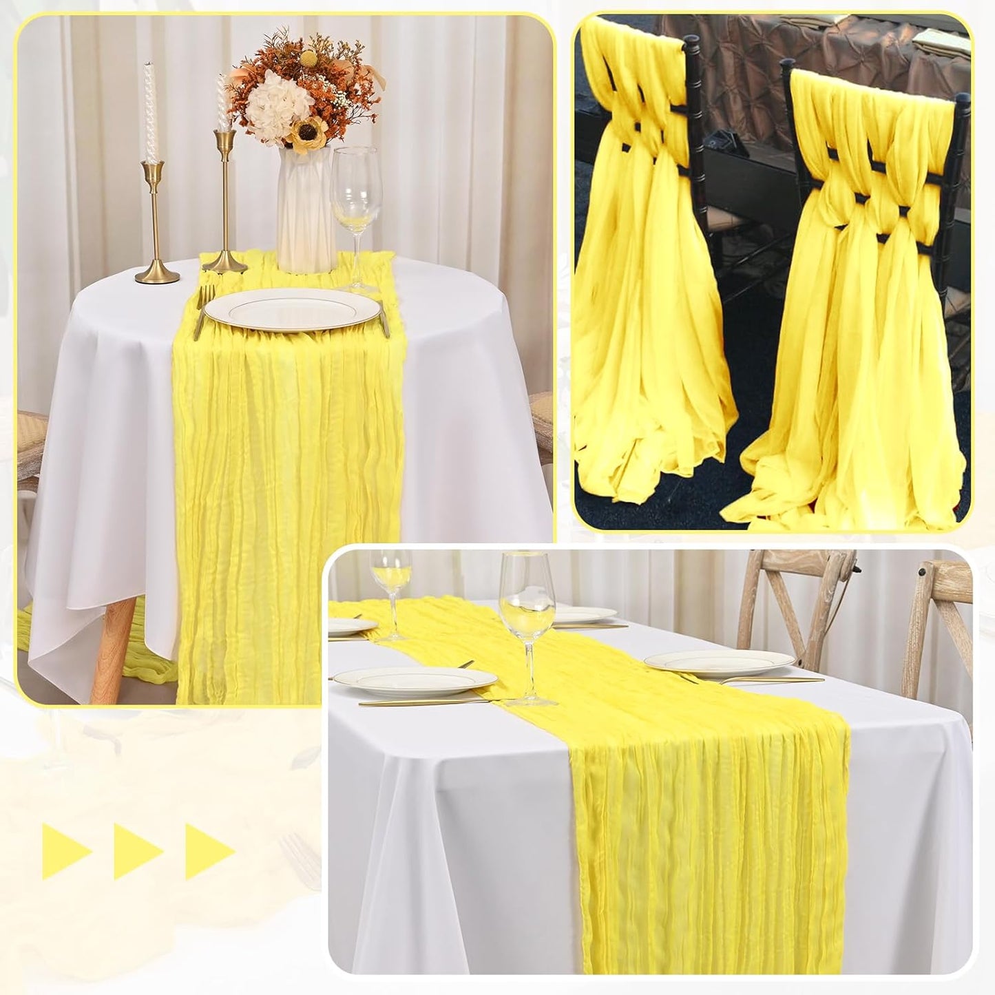 12 Pack 35x70 Inch Cheese Cloth Table Runners Yellow Boho Rustic Wrinkled Gauze Fabric Table Runners Semi-Sheer Runners for Wedding Decor Bridal Shower Party Dinner Christmas