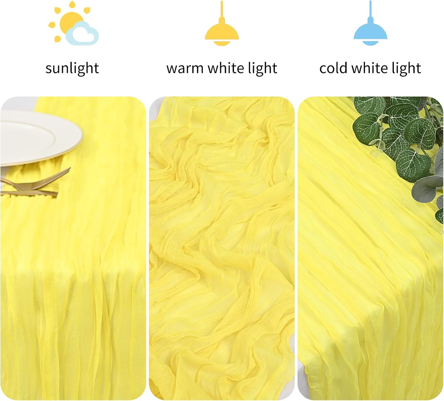 12 Pack 35x70 Inch Cheese Cloth Table Runners Yellow Boho Rustic Wrinkled Gauze Fabric Table Runners Semi-Sheer Runners for Wedding Decor Bridal Shower Party Dinner Christmas