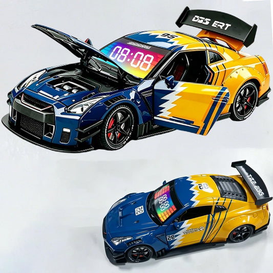 Sports Car Style Alarm Clock with LED Display & Digital Time, Pull-Back Toy Car with Light, Sound & Mist Effects, Modern Bedside & Desk DecorAlarm Clock (Yellow and Blue)