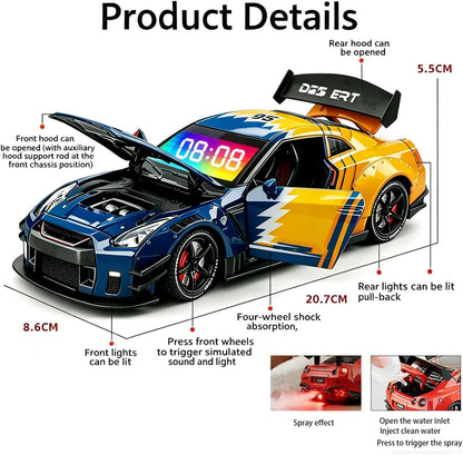 Sports Car Style Alarm Clock with LED Display & Digital Time, Pull-Back Toy Car with Light, Sound & Mist Effects, Modern Bedside & Desk DecorAlarm Clock (Yellow and Blue)
