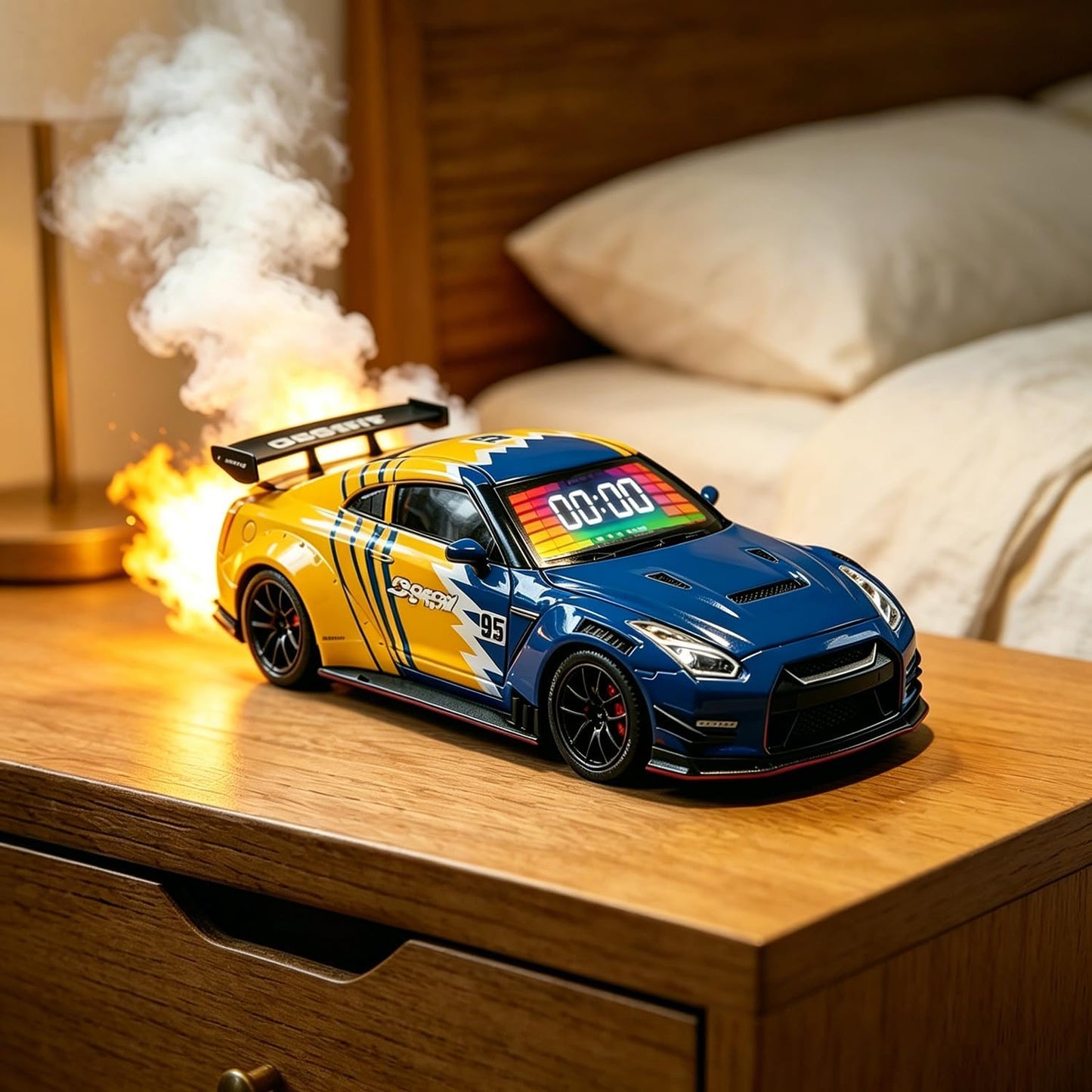 Sports Car Style Alarm Clock with LED Display & Digital Time, Pull-Back Toy Car with Light, Sound & Mist Effects, Modern Bedside & Desk DecorAlarm Clock (Yellow and Blue)