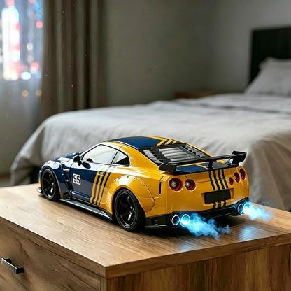 Sports Car Style Alarm Clock with LED Display & Digital Time, Pull-Back Toy Car with Light, Sound & Mist Effects, Modern Bedside & Desk DecorAlarm Clock (Yellow and Blue)