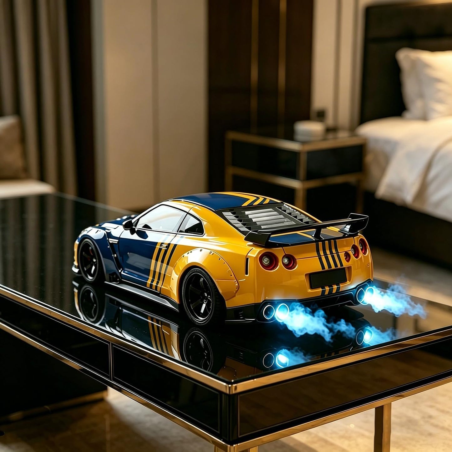 Sports Car Style Alarm Clock with LED Display & Digital Time, Pull-Back Toy Car with Light, Sound & Mist Effects, Modern Bedside & Desk DecorAlarm Clock (Yellow and Blue)