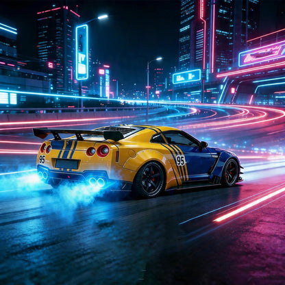 Sports Car Style Alarm Clock with LED Display & Digital Time, Pull-Back Toy Car with Light, Sound & Mist Effects, Modern Bedside & Desk DecorAlarm Clock (Yellow and Blue)