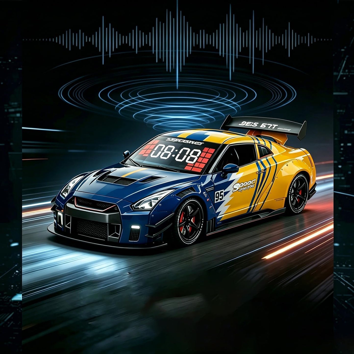 Sports Car Style Alarm Clock with LED Display & Digital Time, Pull-Back Toy Car with Light, Sound & Mist Effects, Modern Bedside & Desk DecorAlarm Clock (Yellow and Blue)
