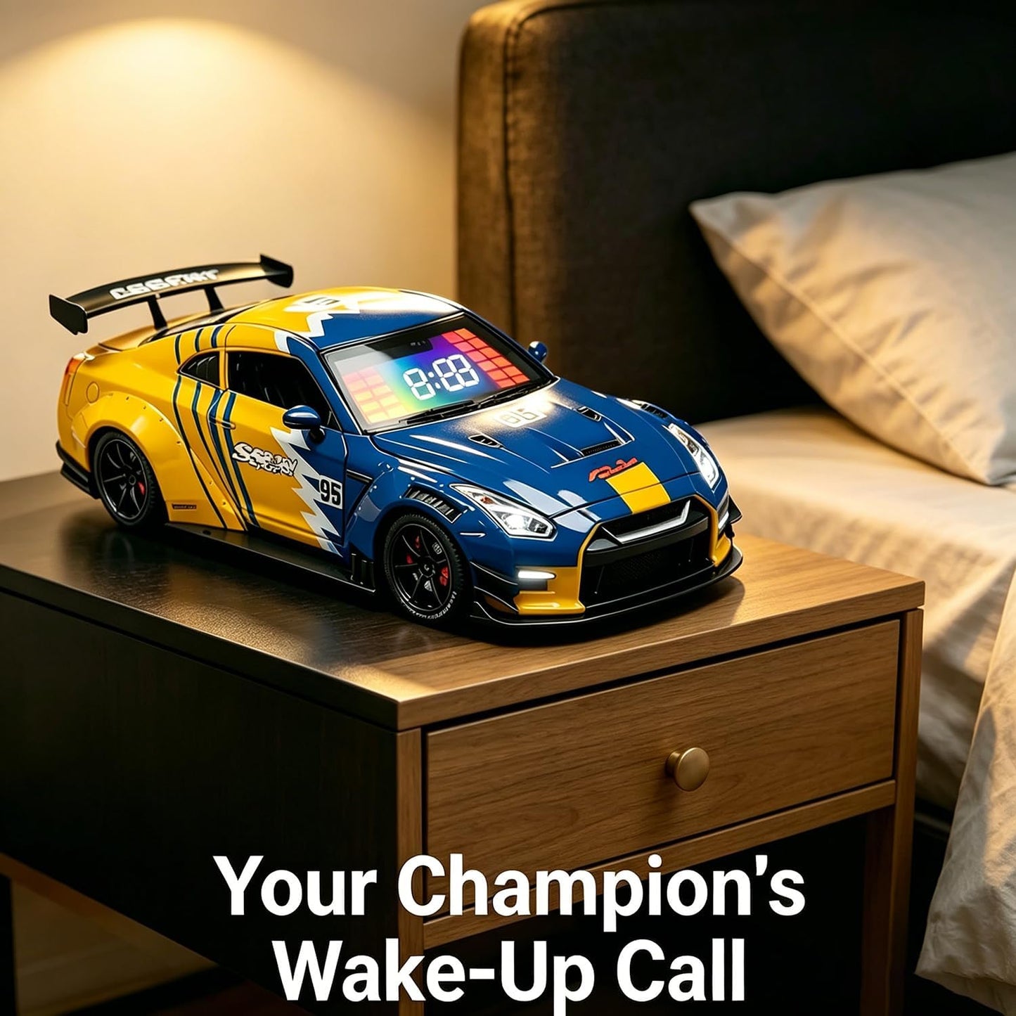 Sports Car Style Alarm Clock with LED Display & Digital Time, Pull-Back Toy Car with Light, Sound & Mist Effects, Modern Bedside & Desk DecorAlarm Clock (Yellow and Blue)