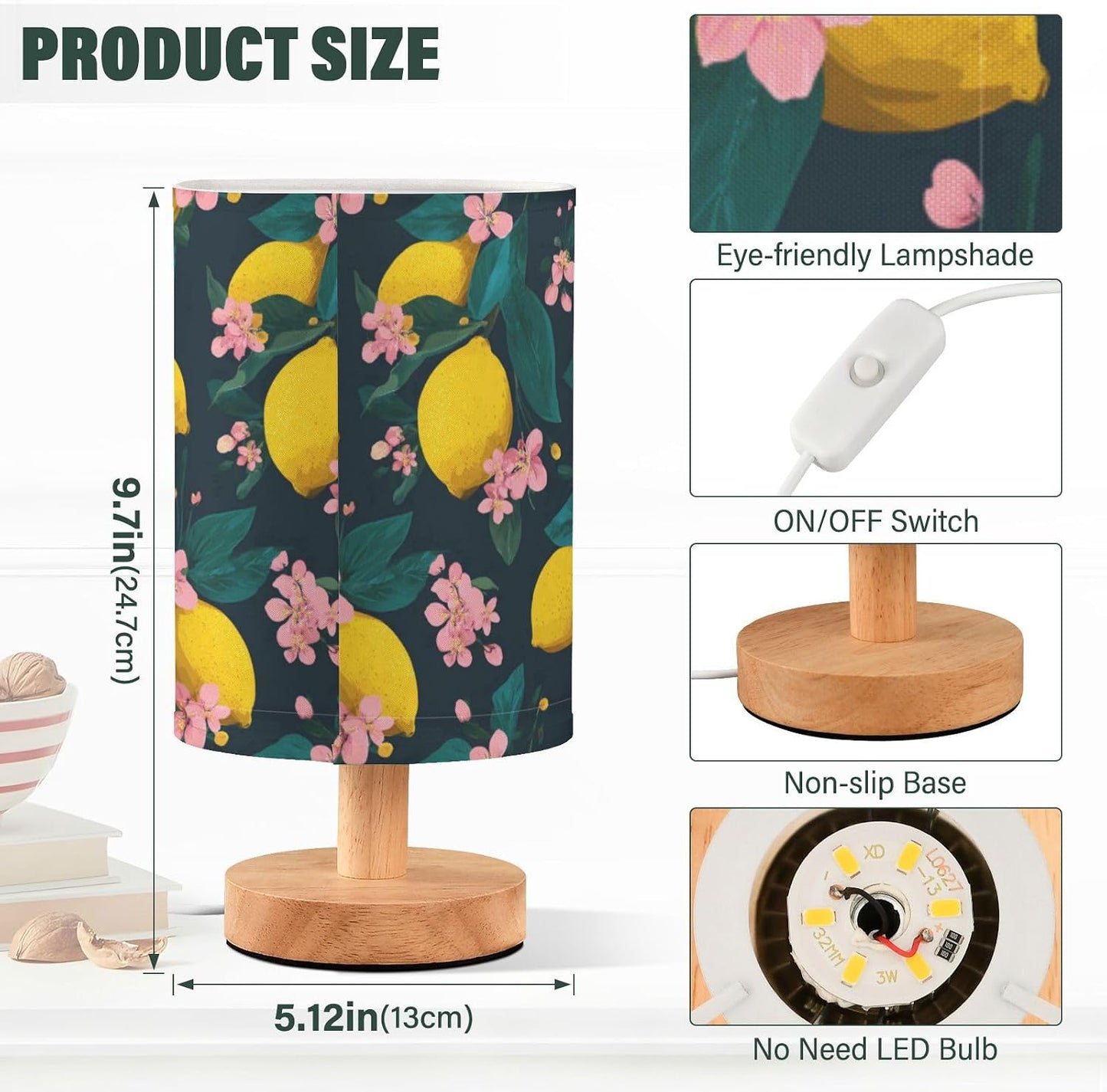 Bedside Table Lamp Lemon Yellow Citrus Fruits (15) Kids Nightstand Lamp Night Light Fabric Shade for Bedroom Living Room Home Office