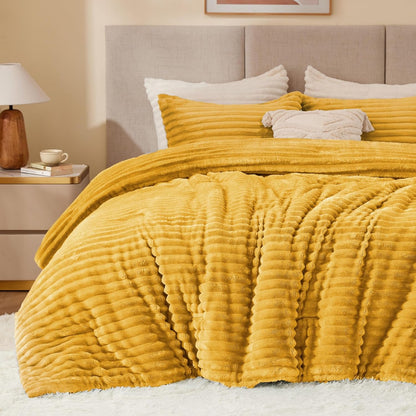 Fleece Queen Comforter Set -Super Soft & Warm Fluffy Mustard Yellow Bedding, Luxury Fuzzy Heavy Bed Set for All Season with 2 Pillow Cases