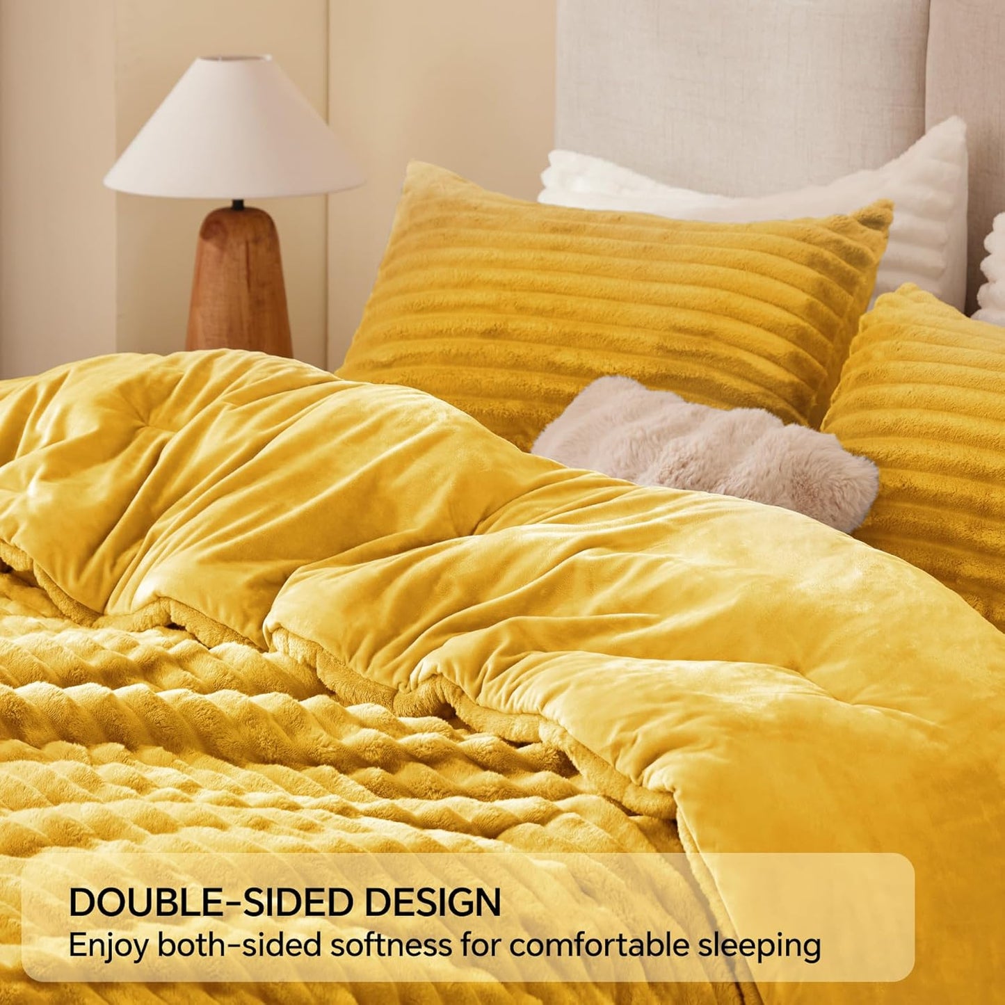 Fleece Queen Comforter Set -Super Soft & Warm Fluffy Mustard Yellow Bedding, Luxury Fuzzy Heavy Bed Set for All Season with 2 Pillow Cases