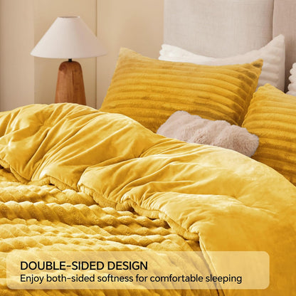 Fleece Queen Comforter Set -Super Soft & Warm Fluffy Mustard Yellow Bedding, Luxury Fuzzy Heavy Bed Set for All Season with 2 Pillow Cases