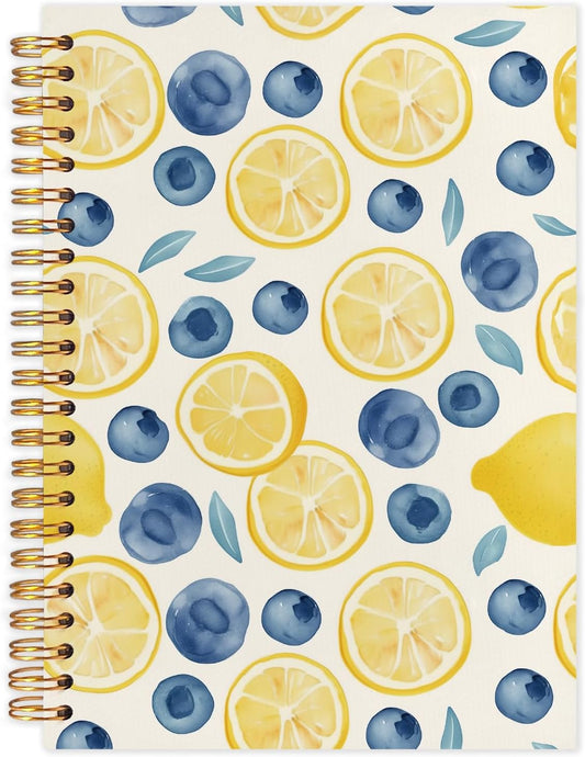 Blueberry Lemon Spiral Journal Notebook 5.5x8.3in, Fruit Lover Gifts, Cottagecore Fruit Botanical Journal for Women, Blue and Yellow Aesthetic Notebooks for Note Taking, Hardcover Notebook